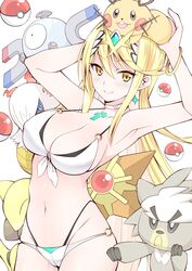  abra alternate_costume bikini blonde_hair breasts chest_jewel cleavage cowboy_shot crossover daive dedenne earrings female front-tie_bikini_top front-tie_top highres jewelry kubfu larvesta looking_at_viewer magnemite midriff mythra_(xenoblade) navel o-ring o-ring_bikini on_head poke_ball poke_ball_(basic) pokemon pokemon_(creature) pokemon_on_head simple_background smile staryu swimsuit tiara white_background white_bikini xenoblade_chronicles_(series) xenoblade_chronicles_2 yellow_eyes 