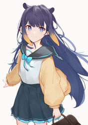  alternate_costume bag black_skirt blue_bow blue_eyes blunt_bangs bow cardigan commentary female flat_chest floating_hair gradient_hair highres holding holding_bag hololive hololive_english long_hair mole mole_under_eye multicolored_hair ninomae_ina&#039;nis orange_hair orinte pointy_ears purple_hair sailor_collar school_bag school_uniform serafuku sidelocks skirt solo tentacle_hair twitter_username very_long_hair virtual_youtuber white_background yellow_cardigan 