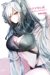  animal_ears arknights black_scarf breasts cat_ears cleavage commentary_request commission crop_top female grey_hair highres jacket large_breasts long_hair long_sleeves looking_at_viewer midriff navel open_clothes open_jacket scarf schwarz_(arknights) simple_background skeb_commission solo stomach ub_orca white_background white_jacket yellow_eyes 