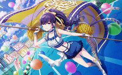  asahina_mafuyu bare_arms blue_choker blue_eyes blue_hair blue_skirt boots bow choker cloud collarbone colorful_palette crop_top day dutch_angle female floating_hair frilled_choker frills grin gym_uniform hair_between_eyes hairbow hashire!_taiikumatsuri!_~jikkou_iin_wa_ooisogashi~_(project_sekai) highres holding knee_boots long_hair midriff miniskirt navel official_art outdoors ponytail project_sekai scrunchie skirt smile solo stomach sunlight suspender_skirt suspenders third-party_source very_long_hair white_footwear wrist_scrunchie yellow_bow 