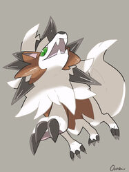  claws commentary fangs full_body green_eyes grey_background highres looking_at_viewer lycanroc lycanroc_(dusk) no_humans open_mouth ouran pokemon pokemon_(creature) simple_background solo tongue 