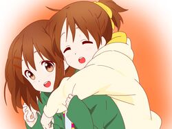  2girls brown_eyes brown_hair closed_eyes commentary green_jacket hair_ornament hair_ribbon hairclip highres hirasawa_ui hirasawa_yui hug hug_from_behind jacket k-on! long_sleeves maou_(ajtdmw369) multiple_girls open_mouth ribbon short_hair short_ponytail smile teeth upper_body upper_teeth_only yellow_jacket yellow_ribbon 