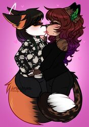  ally_(5uicideleopard) anthro canid canine clothing domestic_cat duo felid feline felis female female/female fox hair halo honesty_(artist) kissing mammal 