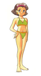  1990s_(style) bannou_bunka_nekomusume barefoot bikini brown_eyes brown_hair earrings female full_body green_bikini hand_on_own_hip highres jewelry kyouko_(all_purpose_cultural_cat_girl_nuku_nuku) looking_at_viewer navel no_bangs non-web_source official_art photoshop_(medium) retro_artstyle scan short_hair simple_background smile solo standing star_(symbol) star_earrings swimsuit takada_yuuzou white_background 