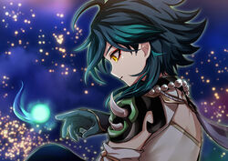  1boy absurdres ahoge arm_guards bead_necklace beads black_hair blurry blurry_background cloud cloudy_sky detached_sleeves elemental_(creature) from_side genshin_impact gloves green_gloves green_hair highres jewelry light light_particles long_hair male_focus multicolored_hair necklace night night_sky open_mouth outdoors rvve shoulder_pads shoulder_spikes sky solo spikes xiao_(genshin_impact) yellow_eyes 