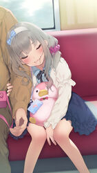  1boy :3 blush closed_eyes drooling female grey_hair hairband highres long_hair mizuki_suzu omasena_suzu_wa_otonabitai original pokachu scrunchie sitting skirt sleeping stuffed_animal stuffed_penguin stuffed_toy 