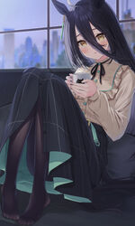  absurdres ahoge animal_ears bed black_hair black_pantyhose black_skirt blurry building commentary cup earrings female frilled_shirt_collar frills full_body highres holding holding_cup horse_ears horse_girl horse_tail jewelry knees_up long_hair looking_at_viewer manhattan_cafe_(umamusume) pantyhose parted_lips pillow primamiya shirt shirt_tucked_in single_earring sitting skirt skyscraper solo steam tail umamusume window yellow_eyes yellow_shirt 