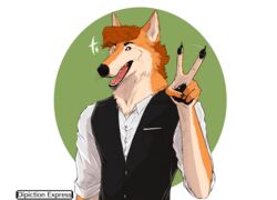  absurd_res anthro black_paws canid canine canis claws clothing conductor_ramirez_(depictionexpress) depictionexpress domestic_dog dress_shirt gesture hair half_body hand_gesture hi_res husky hybrid looking_at_viewer male mammal maned_wolf nordic_sled_dog one_eye_closed rolled_up_sleeves shirt simple_background smile smiling_at_viewer solo spitz suit_vest topwear v_sign wavy_hair white_background wink winking_at_viewer 