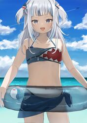  aircraft airplane bare_shoulders beach bikini bloop_(gawr_gura) blue_eyes blue_hair blue_nails blunt_bangs blush cloud female fins fish_tail gawr_gura grey_hair hair_ornament highres holding hololive hololive_english innertube long_hair looking_at_viewer multicolored_hair nail_polish ocean open_mouth outdoors samezukipng shark_hair_ornament sharp_teeth sky smile solo streaked_hair swim_ring swimsuit tail teeth virtual_youtuber 