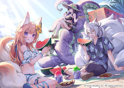  1boy 2girls animal_ears ara_(guardian_tales) bare_shoulders beach bikini black_bikini black_hair black_pants blue_sky breasts brown_footwear brown_hair brown_headwear chopsticks cloud collared_shirt commentary_request copyright_notice crossed_legs day detached_sleeves dress_shirt eight-tailed_fox_nari floral_print food fox_boy fox_ears fox_tail fruit green_eyes guardian_tales hair_between_eyes hat holding holding_food licking_lips medium_breasts multiple_girls ne-on nine_tailed_fox_garam official_art outdoors pants plate print_shirt puffy_short_sleeves puffy_sleeves purple_eyes purple_shirt sand sandals shaved_ice shirt short_sleeves sky suction_cups sun_hat swimsuit tail takoyaki tentacle tongue tongue_out water watermelon watermelon_slice white_bikini white_sleeves 