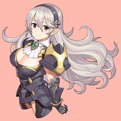  armor black_hairband breasts cleavage closed_mouth corrin_(female)_(fire_emblem) corrin_(female)_(nohr_noble)_(fire_emblem) corrin_(fire_emblem) female fire_emblem fire_emblem_fates hairband long_hair pointy_ears red_eyes simple_background smile solo umaguti white_hair 