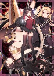  3girls absurdres asymmetrical_legwear black_dress black_footwear black_hair black_nails black_panties black_ribbon black_skirt black_thighhighs blonde_hair blue_eyes bra breasts chinese_commentary command_spell commentary crown detached_collar dress earrings ereshkigal_(fate) ereshkigal_(third_ascension)_(fate) fate/grand_order fate/stay_night fate_(series) floating floating_hair full_body gem glint hair_ribbon hand_on_own_chest hands_up heavenly_boat_maanna highres holding holding_weapon hood hood_down hooded_jacket hoop_earrings infinity_symbol ishtar_(fate) jacket jewelry lips loafers long_hair long_sleeves looking_at_viewer medium_breasts meslamtaea_(weapon) miniskirt multiple_girls multiple_persona nail_polish navel on_head open_mouth outstretched_arm outstretched_hand panties parted_bangs pigeon-toed pink_lips pleated_skirt profile qiuyun62303677 red_eyes red_ribbon red_sweater revealing_clothes ribbon shoes siblings sisters skirt sleeveless smile stomach strapless strapless_bra sweater teeth thighhighs thighs tiara tohsaka_rin turtleneck turtleneck_sweater two_side_up underwear uneven_legwear very_long_hair weapon white_bra wings yellow_eyes zettai_ryouiki 