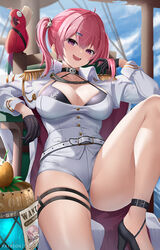  aiguillette artist_name barrel belt bird black_gloves blue_sky blush breasts cape cleavage coconut_cup cyicheng epaulettes female gloves goddess_of_victory:_nikke hair_ornament hairclip high_heels jacket large_breasts long_hair long_sleeves looking_at_viewer mast_(nikke) open_mouth parrot patreon_username shorts sitting skull_choker skull_hair_ornament sky smile solo thighs twintails white_cape white_jacket white_shorts 