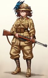  belt black_belt bolt_action boots brown_eyes brown_footwear brown_hair brown_jacket brown_pants carcano commentary female full_body gun helmet highres holding holding_gun holding_weapon italian_army jacket long_sleeves military military_uniform original oyu_udon pants pith_helmet rifle short_hair solo standing uniform weapon world_war_ii 