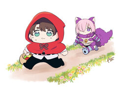  1boy :3 alternate_costume animal_costume animal_ears apple azu_(kirara310) basket belt belt_buckle black_belt black_footwear black_hair black_pants blue_eyes breasts buckle capelet chaldea_uniform chibi commentary_request cosplay fake_animal_ears fake_tail fate/grand_order fate_(series) female flower food fruit fujimaru_ritsuka_(male) full_body fur-trimmed_gloves fur_collar fur_trim gloves grass hair_over_one_eye holding holding_basket hood hood_up hooded_capelet jacket light_purple_hair little_red_riding_hood little_red_riding_hood_(grimm) little_red_riding_hood_(grimm)_(cosplay) long_sleeves mash_kyrielight mash_kyrielight_(dangerous_beast) o-ring o-ring_top official_alternate_costume one_eye_covered pants pink_flower purple_eyes purple_tail red_capelet red_hood revealing_clothes signature sweatdrop tail uniform walking white_jacket wolf_costume wolf_ears wolf_tail yellow_flower 