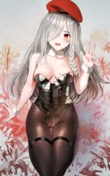  absurdres ah_(pixiv62888100) animal_ears beret black_leotard black_pantyhose braid breasts commentary detached_collar fake_animal_ears female fishnet_pantyhose fishnets g36c_(girls&#039;_frontline) girls&#039;_frontline grey_hair hat highleg highleg_leotard highres leotard long_hair medium_breasts pantyhose playboy_bunny rabbit_ears red_eyes red_hat side_braid solo strapless strapless_leotard thigh_strap wrist_cuffs 