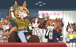  +++ +_+ 6+girls ^_^ ahoge animal_ears arcade belt blue_jacket brown_hair ceiling_light chibi closed_eyes collared_shirt daruma_doll denim earrings flying_sweatdrops gold_city_(umamusume) hair_ornament hairband hamu_koutarou highres horse_ears horse_girl horse_tail indoors jacket jeans jewelry long_hair matikanefukukitaru_(umamusume) mechanical_bull medium_hair meisho_doto_(umamusume) multiple_girls necklace open_mouth orange_hair pants plaid plaid_shirt ponytail shirt short_hair skirt sleeves_rolled_up star_(symbol) star_hair_ornament striped_clothes striped_shirt sweater symboli_rudolf_(umamusume) t.m._opera_o_(umamusume) taiki_shuttle_(umamusume) tail tokai_teio_(umamusume) turtleneck turtleneck_sweater umamusume v-shaped_eyebrows yellow_shirt 