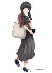  absurdres alternate_costume bad_id bad_twitter_id black_footwear black_hair blunt_bangs blush braid brown_shirt camera casual female full_body grey_skirt hair_over_shoulder highres holding holding_camera kantai_collection kitakami_(kancolle) long_hair long_skirt looking_at_viewer numarinko official_alternate_costume purple_eyes shirt shoes simple_background single_braid skirt smile sneakers solo white_background 