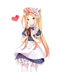  abigail_williams_(fate) abigail_williams_(heart_of_cooking)_(fate) absurdres apron blonde_hair blue_bow blue_dress blue_eyes bow closed_mouth commentary dress fate/grand_order fate_(series) female forehead hairbow heart highres holding long_hair official_alternate_costume pantyhose parted_bangs puffy_short_sleeves puffy_sleeves short_sleeves smile solo striped_bow striped_clothes striped_dress stuffed_animal stuffed_toy teddy_bear twintails valentine vertical-striped_clothes vertical-striped_dress very_long_hair waist_apron white_apron white_bow white_pantyhose yukaa 