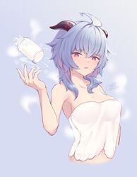  ahoge blue_hair blush bottle breasts chan_sang cleavage collarbone female ganyu_(genshin_impact) genshin_impact horns looking_at_viewer medium_breasts milk milk_bottle parted_lips purple_eyes sidelocks solo spilled_milk upper_body 