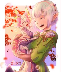  commentary dragon eastern_dragon ena_(monster_hunter) female fewer_digits green_vest highres long_tail mizutsune monster_hunter_(series) monster_hunter_stories_2 open_mouth pointy_ears short_hair tail vest white_hair z-ki 