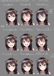  :&lt; :3 :d :x @_@ absurdres ahoge bad_id bad_pixiv_id black_hair blue_eyes blush braid closed_mouth crying crying_with_eyes_open expressions facing_viewer female grey_background hair_flaps hair_ornament hair_over_shoulder highres kantai_collection long_hair looking_at_viewer multiple_views numarinko open_mouth portrait shigure_(kancolle) shigure_kai_ni_(kancolle) simple_background single_braid smile tears translation_request turn_pale 