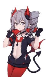  :o absurdres adjusting_clothes adjusting_hood black_gloves black_jacket bronya_zaychik bronya_zaychik_(yamabuki_armor) demon_tail drill_hair female gloves halloween_costume highres honkai_(series) honkai_impact_3rd jacket looking_at_viewer luolijizhengyi199 navel pantyhose short_sleeves simple_background solo tail twin_drills white_background 