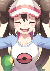  :d ^_^ blush breasts brown_hair closed_eyes collarbone double_bun doughnut_hair_bun female hair_bun highres long_hair medium_breasts open_mouth pokemon pokemon_(creature) pokemon_bw2 raglan_sleeves rosa_(pokemon) smile snivy solo_focus tokumaro twintails upper_body very_long_hair visor_cap 