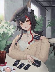  absurdres animal_ear_fluff animal_ears baeg_mi bare_shoulders beret black_hair black_hat braid breasts brown_cardigan card cardigan cleavage commentary female flipped_hair hair_between_eyes hair_ornament hairclip hat high_collar highres hololive lace large_breasts long_hair low_ponytail multicolored_hair official_alternate_costume ookami_mio ookami_mio_(street) open_cardigan open_clothes red_hair shirt side_braid sidelocks sitting sleeveless sleeveless_shirt solo streaked_hair virtual_youtuber white_shirt wide_ponytail wolf_ears wolf_girl yellow_eyes 