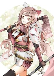  atoatto axe brown_eyes brown_hair dual_wielding female fingerless_gloves fire_emblem fire_emblem_fates fire_emblem_heroes gloves hana_(fire_emblem) hana_(ninja)_(fire_emblem) headband holding holding_axe japanese_clothes long_hair ninja solo 