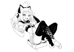  :3 absurdres ahoge akita_kang animal_ear_headphones animal_ears antenna_(dohna_dohna) asymmetrical_footwear bag bandeau boots breasts cat_ear_headphones choker criss-cross_suspenders crossed_ankles dohna_dohna_issho_ni_warui_koto_o_shiyou fake_animal_ears female full_body greyscale headphones highres huge_ahoge inline_skates looking_at_viewer medium_hair mismatched_footwear monochrome navel oerba_yun_fang open_mouth roller_skates short_eyebrows short_shorts short_sleeves shorts simple_background sitting skates skin_fang small_breasts smile solo thigh_boots 