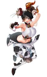  animal_print armpits bare_shoulders bell black_hair blue_eyes boots breasts commentary_request cow_print cowbell female fur-trimmed_boots fur-trimmed_gloves fur_trim gloves hair_ornament highres horns huge_breasts looking_at_viewer lower_teeth_only mask mask_around_neck midriff milk mouse_(animal) navel one_eye_closed open_mouth original shirt short_hair simple_background sino42 solo sweat sweatdrop teeth tied_shirt unworn_headwear white_background 