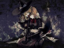  2girls abstract_background arm_around_waist black_capelet black_eyes black_footwear black_gloves black_headwear black_skirt black_vest blue_background blue_eyes bow bowtie braid capelet chinese_commentary closed_mouth commentary_request cookie_(touhou) elbow_gloves expressionless full_body gloves hat hat_bow highres kirisame_marisa licking licking_eye looking_at_another looking_at_viewer meguru_(cookie) multiple_girls on_(_l0_) open_mouth red_bow red_bowtie shirt shoes short_hair side_braid single_braid skirt sleeves_past_fingers sleeves_past_wrists socks touhou unworn_hat unworn_headwear vest white_bow white_legwear white_shirt witch_hat yuri yuuhi_(cookie) 