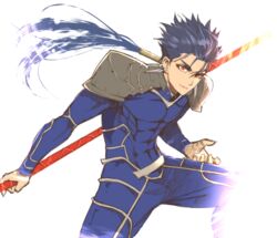  1boy abs armor blue_eyes commentary_request cowboy_shot cu_chulainn_(fate) cu_chulainn_(fate/stay_night) dangle_earrings earrings fate/stay_night fate_(series) gae_bolg_(fate) hayadai holding holding_polearm holding_weapon jewelry long_hair long_sleeves male_focus polearm ponytail red_eyes shoulder_armor simple_background smile solo spear spiked_hair weapon white_background 