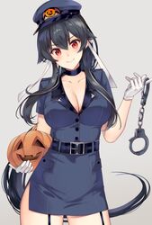  black_gloves black_hair blue_jacket breasts cleavage collarbone cosplay cuffs female gloves grey_background hairband halloween_costume handcuffs hat ichinomiya_(blantte) jack-o&#039;-lantern jacket kantai_collection large_breasts long_hair looking_at_viewer open_collar peaked_cap police police_uniform policewoman ponytail red_eyes sidelocks simple_background smile solo uniform very_long_hair yahagi_(kancolle) yahagi_kai_ni_(kancolle) 