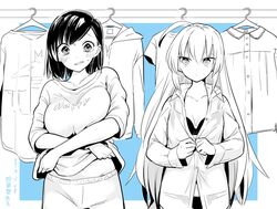  2girls ahoge artist_name blush bra chiyo_kozuka dated ichido_dake_demo_koukai_shitemasu long_hair miyahara_miyako multiple_girls partially_colored ritsuka_hara see-through shirt short_hair t-shirt underwear undressing unworn_eyewear 