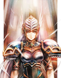  armor blue_armor blue_eyes feathers female gold_trim grey_hair helmet highres lenneth_valkyrie looking_at_viewer portrait shoulder_armor solo sushi_(sashimise) valkyrie valkyrie_profile_(series) winged_helmet 