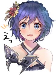  bikini bikini_top_only blue_eyes blue_hair blush female fire_emblem fire_emblem_awakening fire_emblem_heroes flower hair_flower hair_ornament highres looking_at_viewer lucina_(fire_emblem) lucina_(summer)_(fire_emblem) marth_(fire_emblem_awakening) mask satuki_(jo4pr8) short_hair solo sweatdrop swimsuit unworn_mask upper_body white_background 