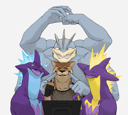  2019 ambiguous_gender amped_toxtricity angry anthro biceps blush clothing cougar digital_pen eyebrows felid feline generation_1_pokemon generation_8_pokemon gloves group handwear hi_res holding_object humanoid looking_at_another looking_at_viewer low_key_toxtricity machamp male mammal multicolored_body muscular nintendo pokemon pokemon_(species) repzzmonster repzzmonster_(character) shirt simple_background smile tablet tablet_pen teasing teeth text tongue tongue_out topwear toxtricity two_tone_body vein 