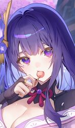  bad_id bad_twitter_id blush breasts bridal_gauntlets cleavage dango eating female food food_in_mouth genshin_impact hair_ornament japanese_clothes kimono large_breasts long_hair looking_at_viewer mole mole_under_eye purple_eyes purple_hair purple_kimono raiden_shogun sanshoku_dango shotgunman shrug_(clothing) sidelocks solo wagashi 