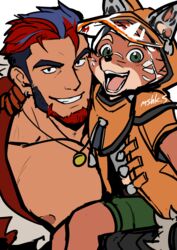  2boys andrei_(crave_saga) bara bare_pectorals crave_saga dark-skinned_male dark_skin earrings fox_boy furry furry_male grin jewelry large_pectorals looking_at_viewer male_focus masa_(mshk_s) mature_male multicolored_hair multiple_boys muscular muscular_male nipples pectorals red_hair sanpaku short_hair smile tesoro_(crave_saga) thick_eyebrows two-tone_beard two-tone_hair 