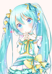  absurdres aobahosino aqua_hair aqua_nails aqua_ribbon aqua_skirt blue_eyes bow chibi commentary criss-cross_halter crop_top detached_collar dot_nose female finger_to_mouth fingernails fingers_together flat_chest green_ribbons green_skirt hair_ribbon halterneck hands_up hatsune_miku head_tilt heart highres idol idol_clothes index_finger_raised layered_skirt light_blush light_particles long_hair looking_at_viewer midriff_peek miku_day more_more_jump!_(project_sekai) more_more_jump!_miku neck_ribbon parted_lips plaid plaid_ribbon plaid_skirt project_sekai puffy_short_sleeves puffy_sleeves ribbon short_sleeves simple_background single_horizontal_stripe skirt solo star_(symbol) straight_hair tareme twintails very_long_hair vocaloid waist_bow white_skirt wrist_cuffs yellow_background yellow_bow yellow_ribbon 