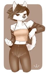  anthro canid canine canis clothing domestic_dog female fur hi_res jacket korean_jindo landlord_(wick) mammal midriff monochrome shirt solo spitz tank_top topwear white_body white_fur wick_(artist) 