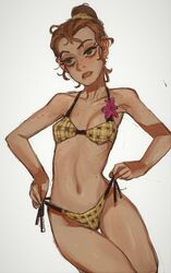  bikini body_freckles breasts brown_hair female freckles green_eyes hair_bun highres luan_loud mossacannibalis navel parted_lips side-tie_bikini_bottom simple_background single_hair_bun small_breasts solo swimsuit the_loud_house thigh_gap white_background yellow_bikini 