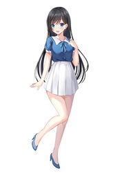  :d absurdres aoi_mizuki black_hair blue_eyes blue_footwear breasts collared_shirt female full_body hand_on_own_chest harimoji high_heels highres long_hair medium_breasts official_art open_mouth second-party_source shirt shirt_tucked_in skirt smile solo standing standing_on_one_leg virtual_youtuber voice-ore white_background white_skirt 