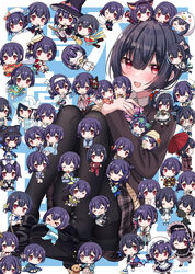  :d absurdres black_footwear black_hair black_legwear blazer blush chibi clothing_request commentary_request eluthel female hair_between_eyes highres idolmaster idolmaster_shiny_colors jacket japanese_clothes kimono knees_up loafers looking_at_viewer morino_rinze multiple_views official_alternate_costume pantyhose plaid plaid_skirt pleated_skirt red_eyes school_uniform shoes short_hair sitting skirt smile 