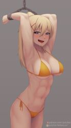  armpits arms_up bikini blonde_hair blue_eyes bondage breasts chains commentary_request darkness_(konosuba) female grey_background hair_between_eyes hair_ornament heart heart-shaped_pupils highres kono_subarashii_sekai_ni_shukufuku_wo! large_breasts long_hair looking_at_viewer open_mouth orange_bikini patreon_username ponytail putcher restrained saliva side-tie_bikini_bottom simple_background smile solo swimsuit symbol-shaped_pupils x_hair_ornament 