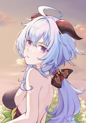  absurdres ahoge back backless_outfit bare_arms blue_hair bow breasts chan_sang female flower from_side ganyu_(genshin_impact) genshin_impact highres horns long_hair looking_at_viewer looking_back low_ponytail medium_breasts parted_lips purple_eyes qingxin_flower sideboob sidelocks sleeveless solo upper_body white_flower 