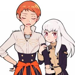  2girls arm_hug closed_eyes closed_mouth commentary_request couple do_m_kaeru fire_emblem fire_emblem:_three_houses garreg_mach_monastery_uniform leonie_pinelli long_hair long_sleeves lysithea_von_ordelia multiple_girls open_mouth orange_hair pink_eyes short_hair simple_background twitter_username uniform upper_body white_background white_hair yuri 