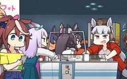  6+girls air_hockey animal_ears arcade arcade_cabinet bare_shoulders black_hair blue_hair blunt_bangs brown_hair ceiling_light cellphone chibi denim denim_shorts dress flying_sweatdrops gold_ship_(umamusume) green_dress hamu_koutarou highres hishi_amazon_(umamusume) holding holding_phone horse_ears horse_girl horse_tail indoors jacket jitome long_sleeves looking_at_phone mejiro_mcqueen_(umamusume) midriff multiple_girls narita_brian_(umamusume) off-shoulder_shirt off_shoulder open_mouth phone pillbox_hat pink_hair ponytail red_jacket shirt shorts sleeves_rolled_up smartphone striped_clothes striped_shirt sweatdrop sweater symboli_rudolf_(umamusume) tail tokai_teio_(umamusume) umamusume v-shaped_eyebrows white_hair yellow_shirt 